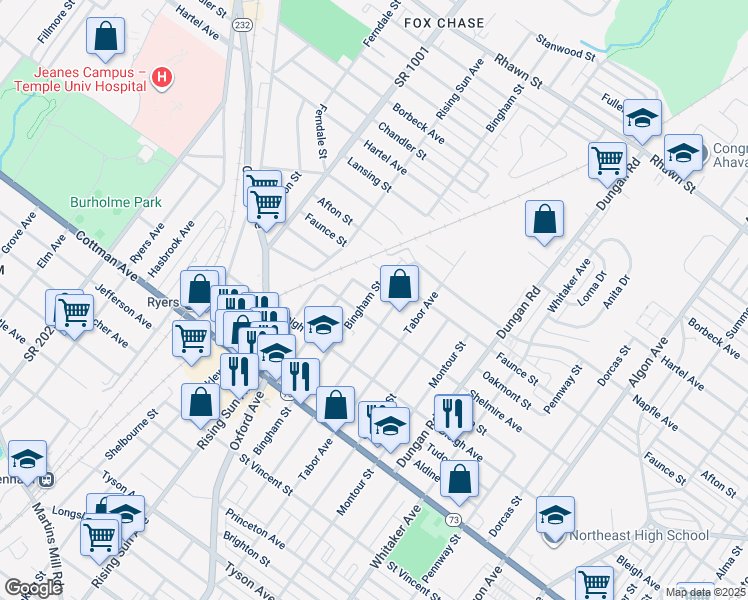 map of restaurants, bars, coffee shops, grocery stores, and more near 7517 Bingham Street in Philadelphia