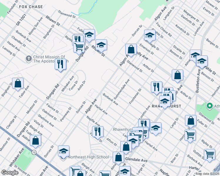 map of restaurants, bars, coffee shops, grocery stores, and more near 1612 Griffith Street in Philadelphia