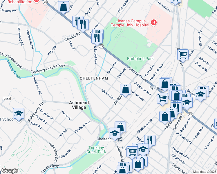 map of restaurants, bars, coffee shops, grocery stores, and more near 404 Franklin Avenue in Cheltenham Village