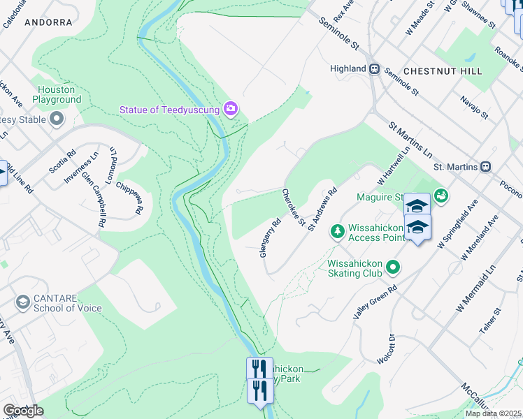map of restaurants, bars, coffee shops, grocery stores, and more near 717 Saint Andrews Road in Philadelphia