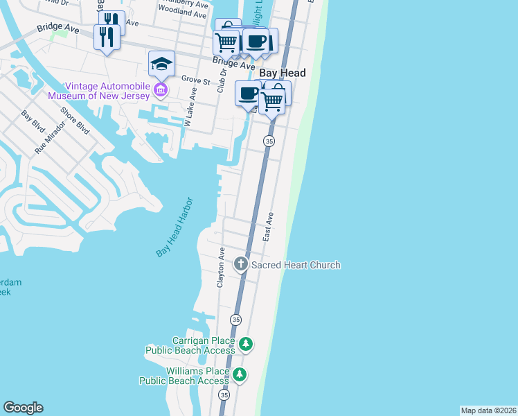 map of restaurants, bars, coffee shops, grocery stores, and more near 680 East Avenue in Bay Head
