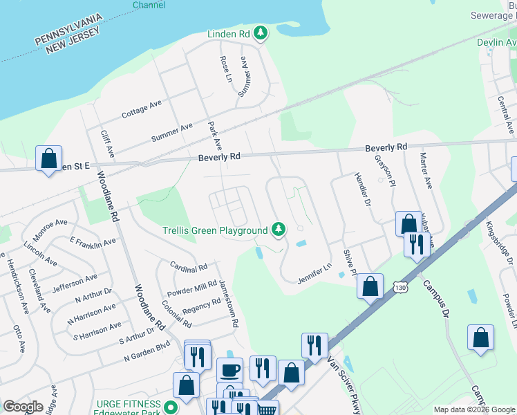 map of restaurants, bars, coffee shops, grocery stores, and more near 55 Riverwalk Boulevard in Burlington Township