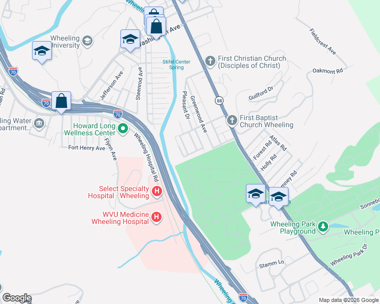 map of restaurants, bars, coffee shops, grocery stores, and more near 1 Reid Avenue in Wheeling