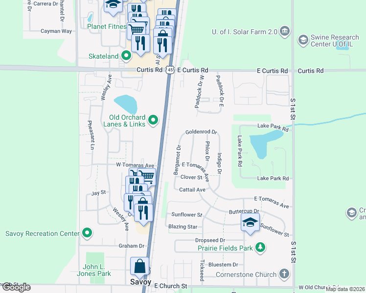 map of restaurants, bars, coffee shops, grocery stores, and more near 804 Bergamot Drive in Savoy