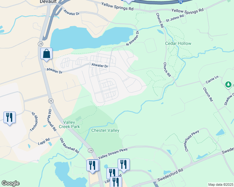 map of restaurants, bars, coffee shops, grocery stores, and more near 627 Quarry Point Road in Malvern