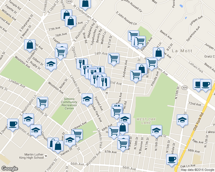 map of restaurants, bars, coffee shops, grocery stores, and more near 7166 North 20th Street in Philadelphia