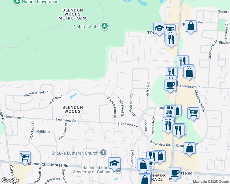 map of restaurants, bars, coffee shops, grocery stores, and more near 4270 Boulder Creek Drive in Columbus