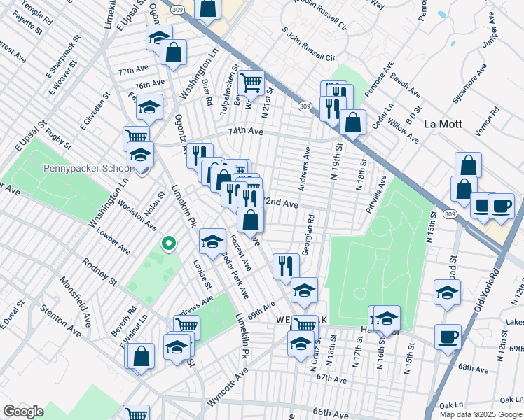 map of restaurants, bars, coffee shops, grocery stores, and more near 7166 North 20th Street in Philadelphia