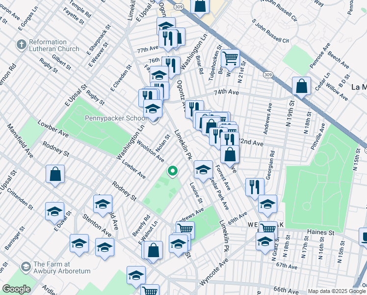 map of restaurants, bars, coffee shops, grocery stores, and more near 7260 Limekiln Pike in Philadelphia
