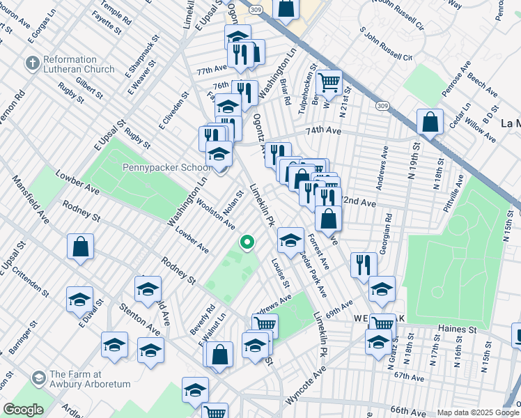 map of restaurants, bars, coffee shops, grocery stores, and more near 7256 Limekiln Pike in Philadelphia