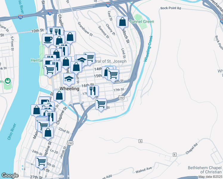 map of restaurants, bars, coffee shops, grocery stores, and more near 1625 Wood Street in Wheeling