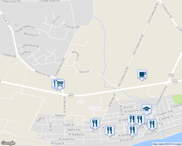 map of restaurants, bars, coffee shops, grocery stores, and more near 163 Nicole Street in Marietta