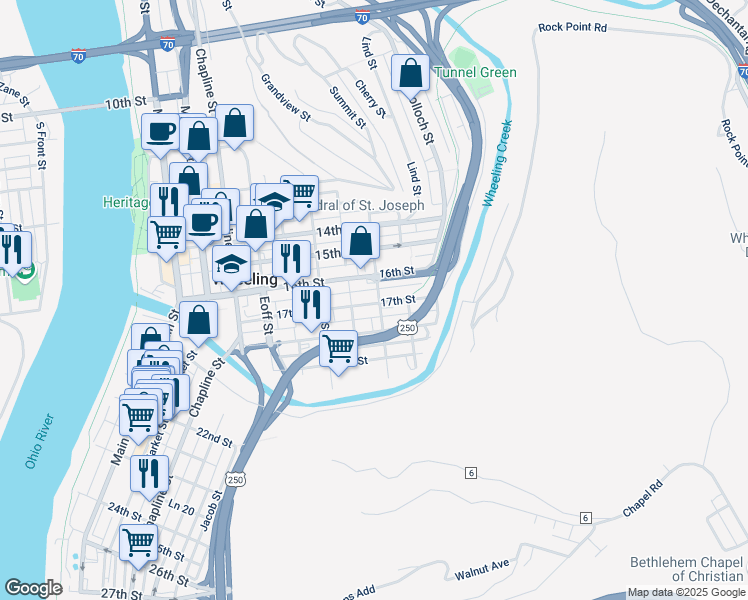 map of restaurants, bars, coffee shops, grocery stores, and more near 1625 Wood Street in Wheeling