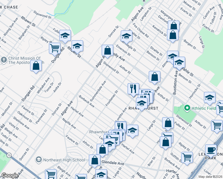 map of restaurants, bars, coffee shops, grocery stores, and more near 7955 Frontenac Street in Philadelphia