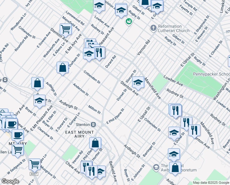 map of restaurants, bars, coffee shops, grocery stores, and more near 6783 Crittenden Street in Philadelphia