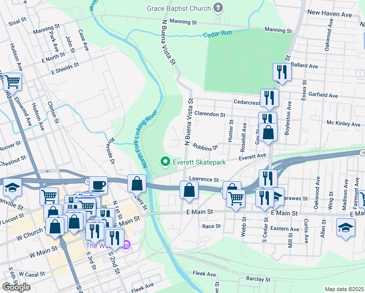 map of restaurants, bars, coffee shops, grocery stores, and more near 133 North Buena Vista Street in Newark