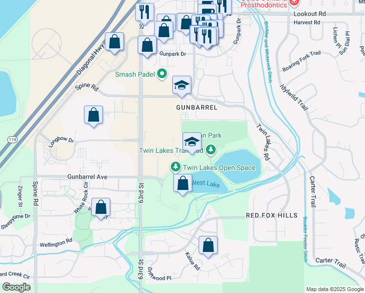 map of restaurants, bars, coffee shops, grocery stores, and more near 4820 Nautilus Court North in Boulder