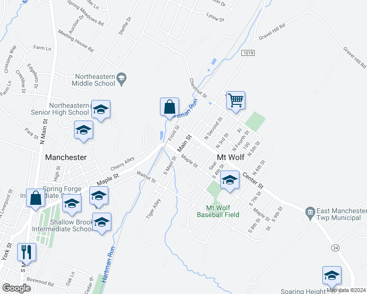 map of restaurants, bars, coffee shops, grocery stores, and more near 65 South Main Street in Mount Wolf