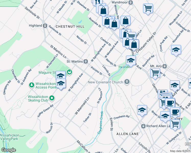 map of restaurants, bars, coffee shops, grocery stores, and more near 7725 Saint Martins Lane in Philadelphia