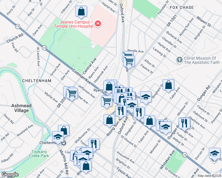 map of restaurants, bars, coffee shops, grocery stores, and more near 7324 Rockwell Avenue in Philadelphia
