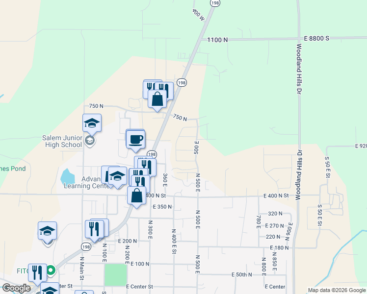 map of restaurants, bars, coffee shops, grocery stores, and more near 441 590 North in Salem