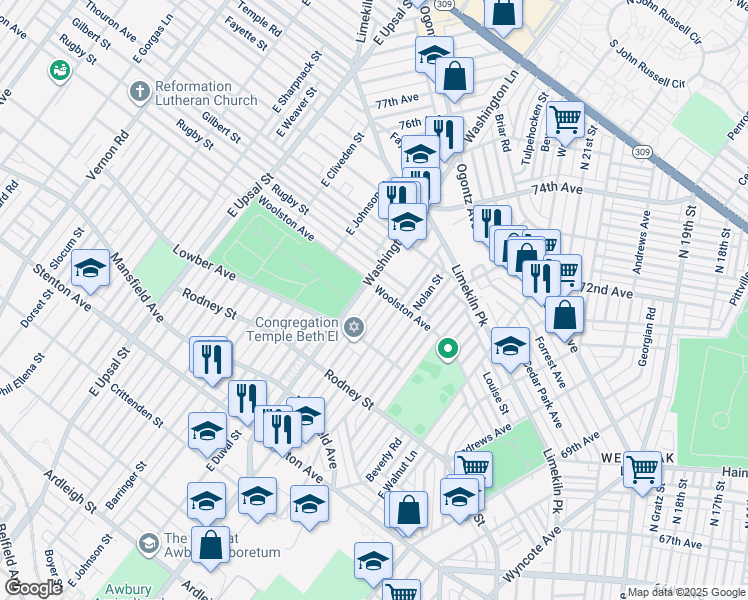 map of restaurants, bars, coffee shops, grocery stores, and more near 1751 East Mayland Street in Philadelphia