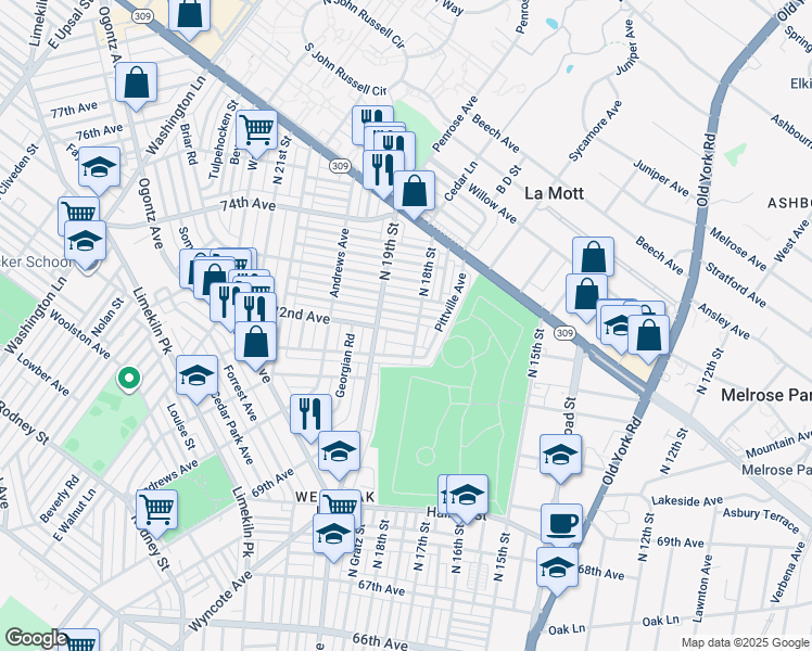 map of restaurants, bars, coffee shops, grocery stores, and more near 1813 72nd Avenue in Philadelphia