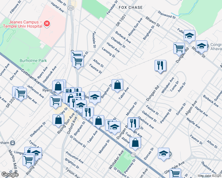 map of restaurants, bars, coffee shops, grocery stores, and more near 7523 Bingham Street in Philadelphia