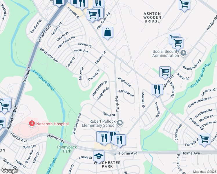 map of restaurants, bars, coffee shops, grocery stores, and more near 8854 Hargrave Street in Philadelphia