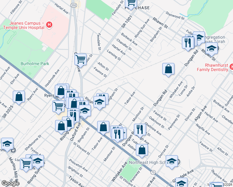 map of restaurants, bars, coffee shops, grocery stores, and more near 7523 Bingham Street in Philadelphia