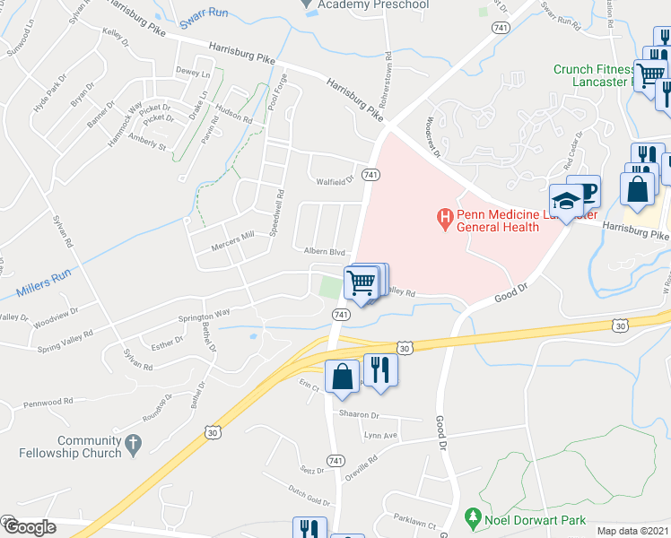 map of restaurants, bars, coffee shops, grocery stores, and more near 2189 Spring Valley Rd in Lancaster