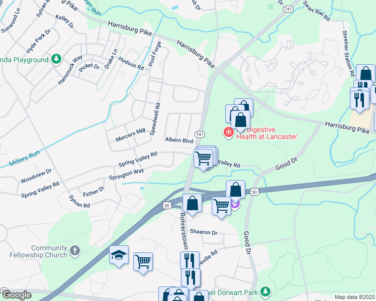 map of restaurants, bars, coffee shops, grocery stores, and more near 2189 Spring Valley Rd in Lancaster