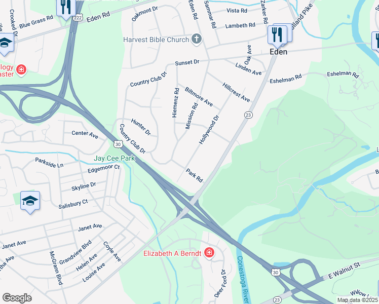 map of restaurants, bars, coffee shops, grocery stores, and more near 1434 Hollywood Drive in Lancaster