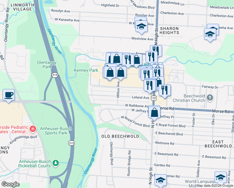 map of restaurants, bars, coffee shops, grocery stores, and more near 201 Leland Avenue in Columbus