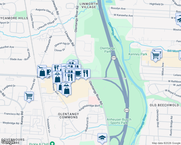 map of restaurants, bars, coffee shops, grocery stores, and more near 615 Olentangy Woods Drive in Columbus