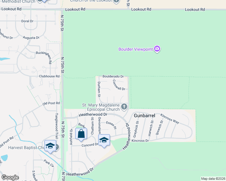 map of restaurants, bars, coffee shops, grocery stores, and more near 4890 Fairlawn Court in Boulder