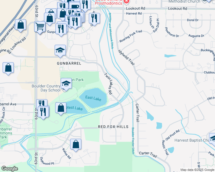 map of restaurants, bars, coffee shops, grocery stores, and more near 4895 Twin Lakes Road in Boulder