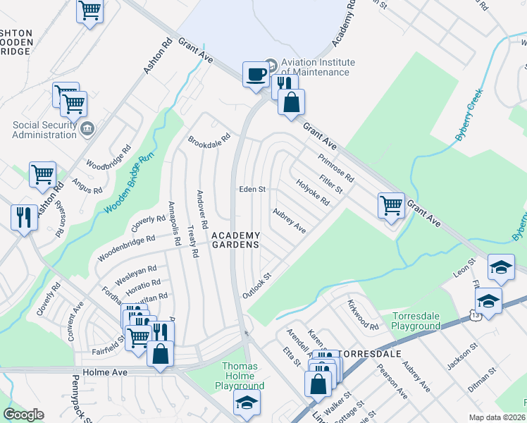 map of restaurants, bars, coffee shops, grocery stores, and more near 3436 Kirkwood Road in Philadelphia