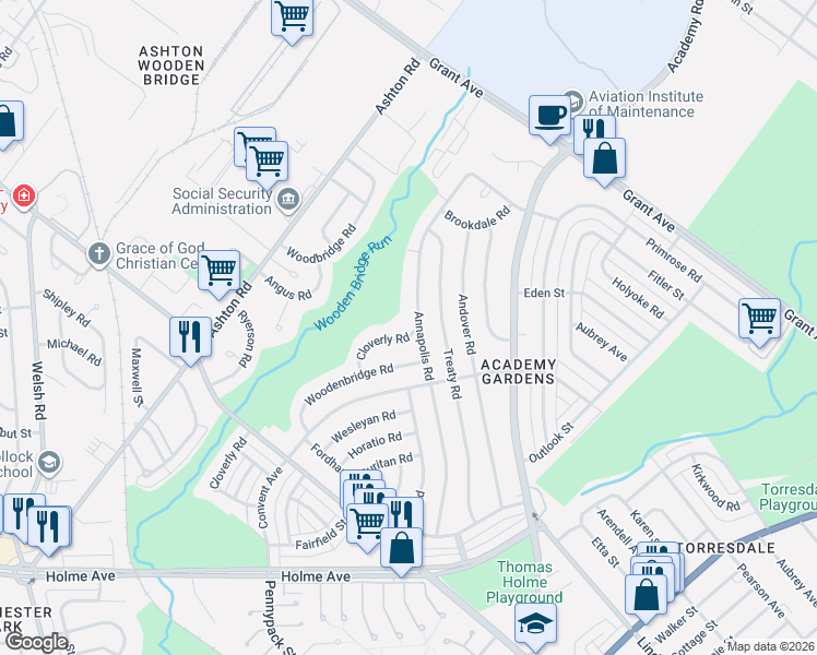 map of restaurants, bars, coffee shops, grocery stores, and more near 9323 Cloverly Road in Philadelphia