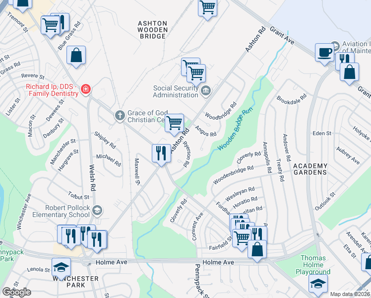 map of restaurants, bars, coffee shops, grocery stores, and more near 9166 Ryerson Road in Philadelphia