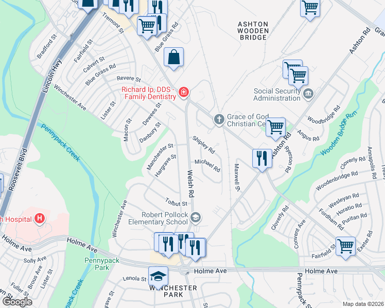 map of restaurants, bars, coffee shops, grocery stores, and more near 2800 Welsh Road in Philadelphia