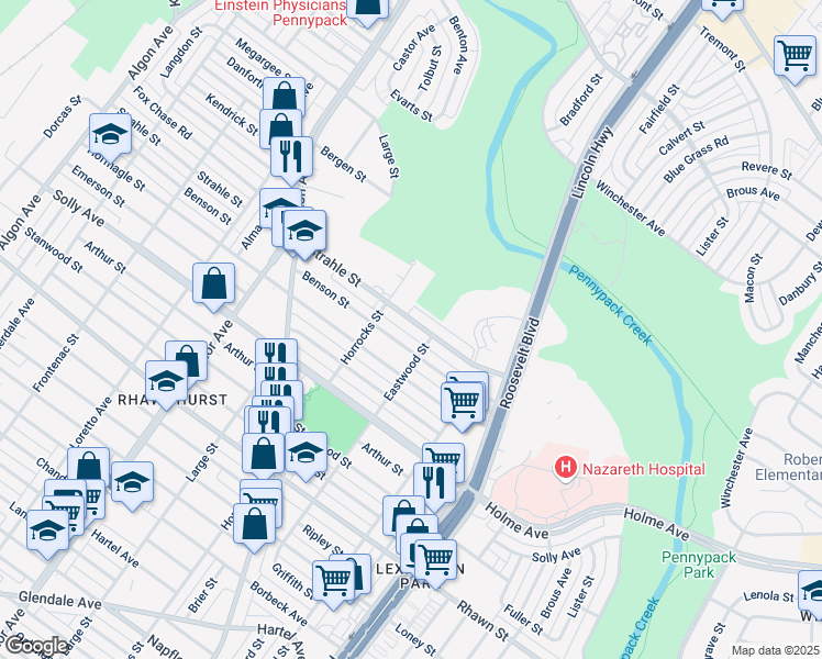 map of restaurants, bars, coffee shops, grocery stores, and more near 2235 Benson Street in Philadelphia