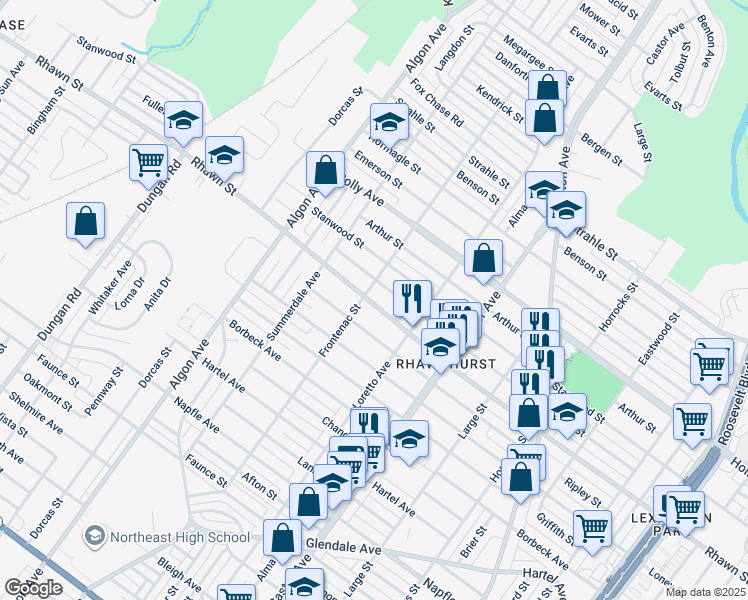 map of restaurants, bars, coffee shops, grocery stores, and more near 1827 Rhawn Street in Philadelphia