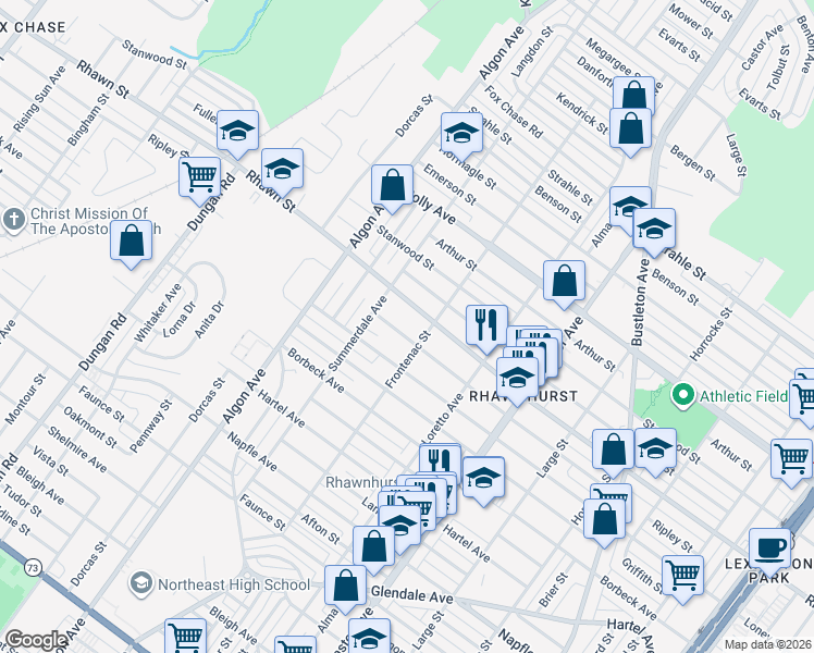 map of restaurants, bars, coffee shops, grocery stores, and more near 7955 Frontenac Street in Philadelphia