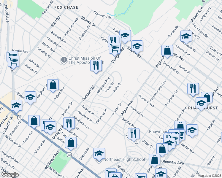 map of restaurants, bars, coffee shops, grocery stores, and more near 7853 Anita Drive in Philadelphia