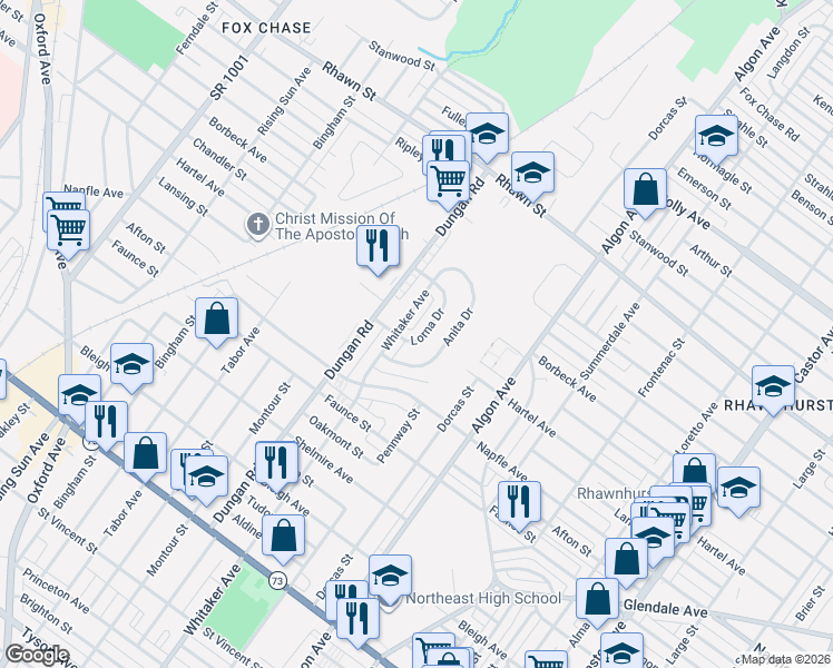 map of restaurants, bars, coffee shops, grocery stores, and more near 7811 Lorna Drive in Philadelphia
