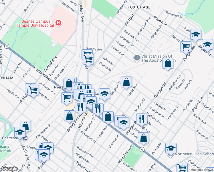 map of restaurants, bars, coffee shops, grocery stores, and more near 7422 Palmetto Street in Philadelphia