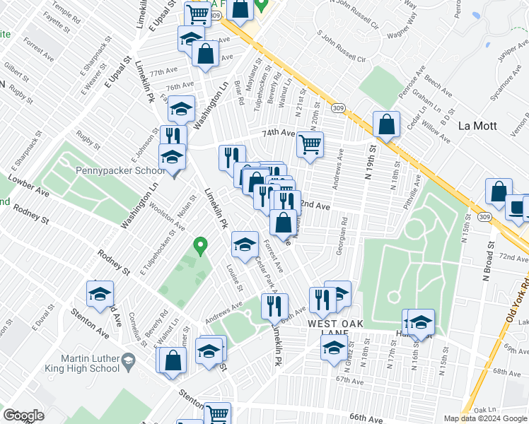 map of restaurants, bars, coffee shops, grocery stores, and more near 7152-70 Ogontz Avenue in Philadelphia