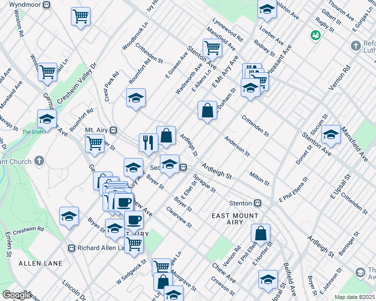 map of restaurants, bars, coffee shops, grocery stores, and more near 7120 Ardleigh Street in Philadelphia