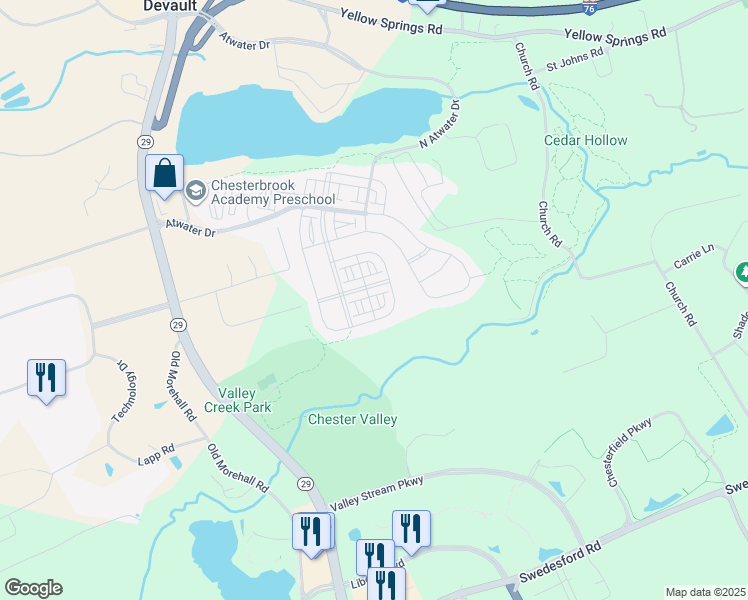 map of restaurants, bars, coffee shops, grocery stores, and more near 607 Quarry Point Road in Malvern